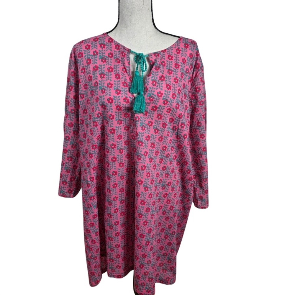 J. Crew Floral Tunic Women XL Pink Teal Cotton Tassel Tie Block‎ Print Top